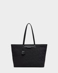 The Rudsak LIVORNO - L325007 Black is a luxury tote with two long handles, a subtle embossed monogram pattern, and a small leather tag on one handle, shown against a plain light gray background.