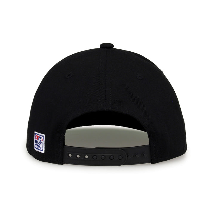 Long Beach Retro Bar snapback hat in black, straight rear view showing the adjustable snap closure