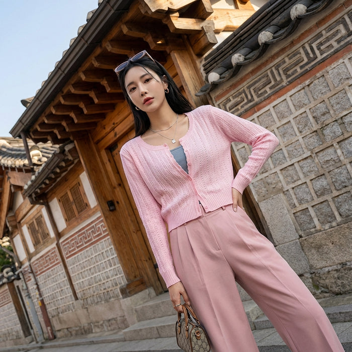 Top manches longues col rond gris bleu et rose - Koreanxwear