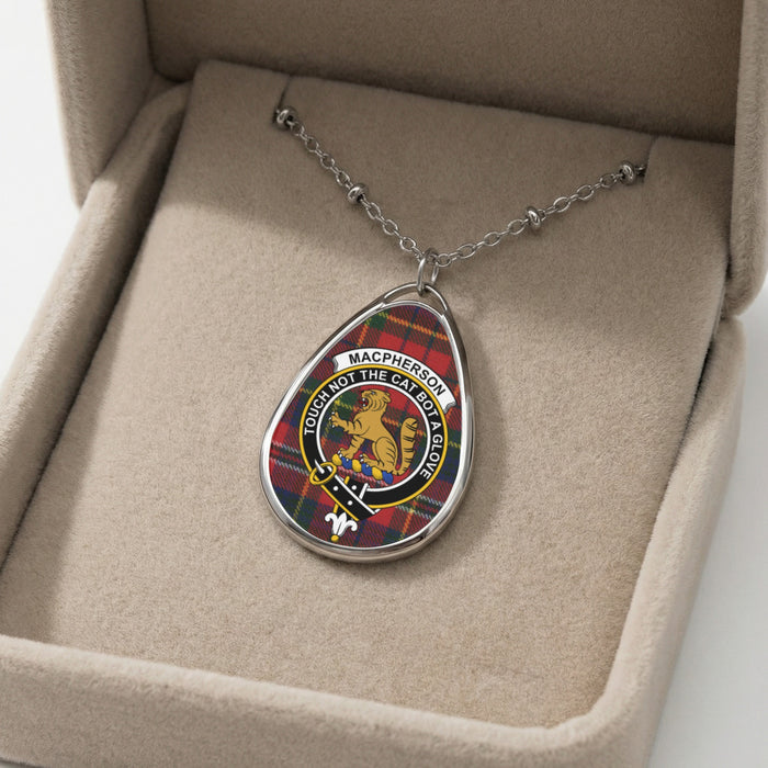 Macpherson clan tartan necklace showing clan crest and motto detail