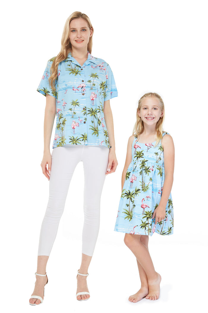 Made in Hawaii Mother Daughter Lihue Set in Flamingo All Over Blue