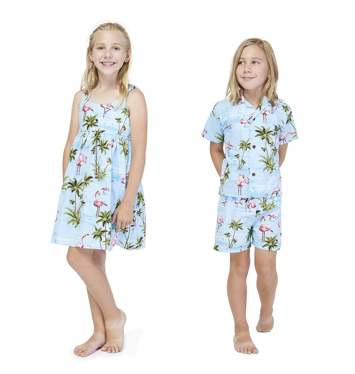Made in Hawaii Sibling Aloha Set in Pink Flamingos in Blue