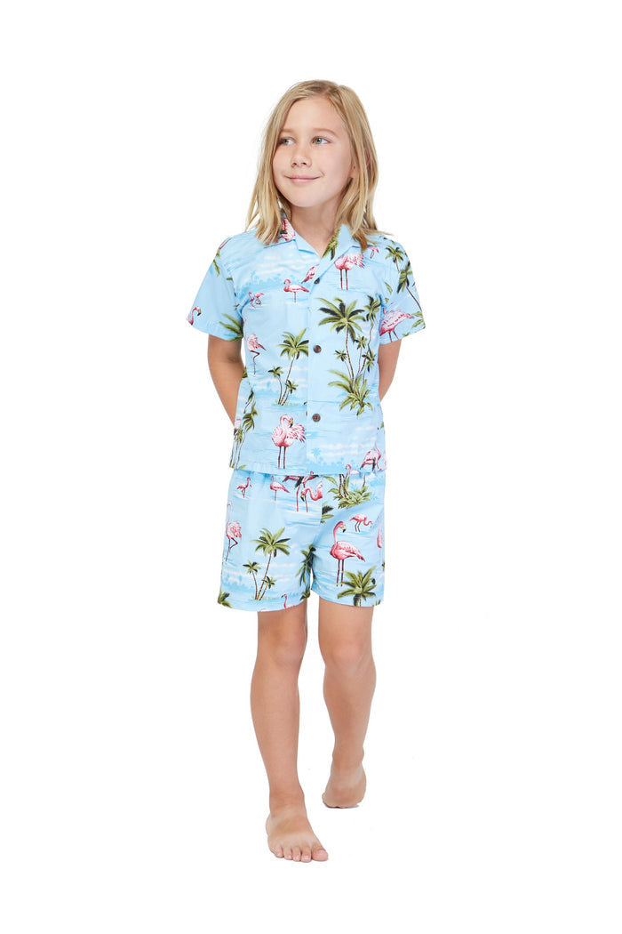 Made in Hawaii Sibling Aloha Set in Pink Flamingos in Blue