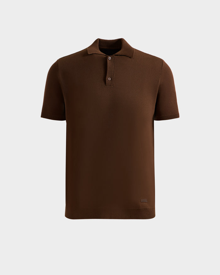 The Rudsak MAISEN - 6524518 Mocha is a men's brown short-sleeve knit polo with a collar and three buttons, shown on a light gray background—an essential, versatile addition to any modern wardrobe.