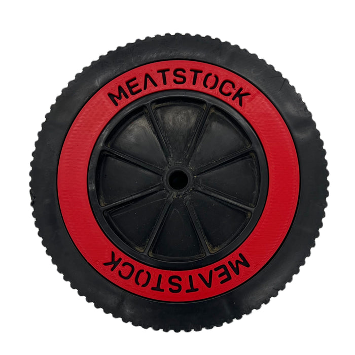 Red Weber Kettle Wheel replacement insert/hubcap fitted to a wheel with customer Meatstock logo spare part