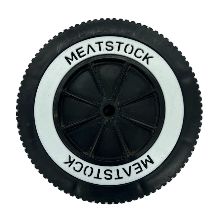 White Weber Kettle Wheel replacement insert/hubcap fitted to a wheel with customer Meatstock logo spare part