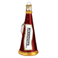 A red and gold glittery Christmas ornament shaped like a megaphone with the word MINNESOTA written vertically in bold black letters on a white panel.