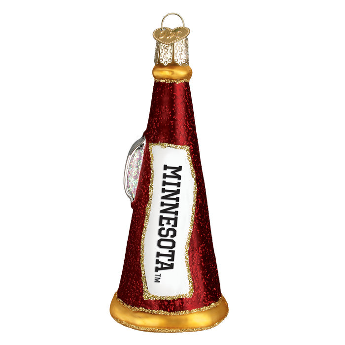 A red and gold glittery Christmas ornament shaped like a megaphone with the word MINNESOTA written vertically in bold black letters on a white panel.