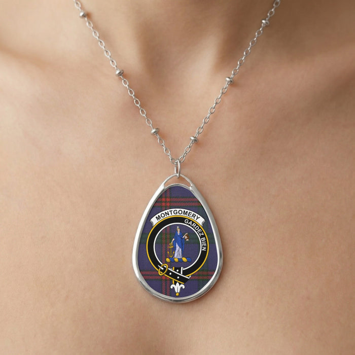 Close-up of Montgomery clan tartan pendant necklace with crest design
