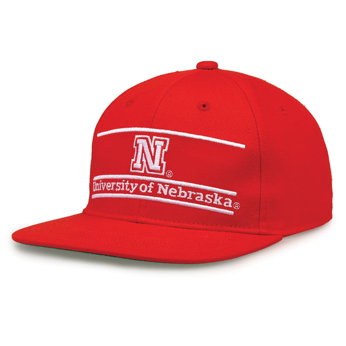 Nebraska Retro Bar snapback hat in red, angled view