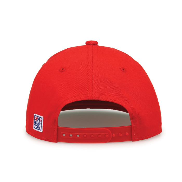 Nebraska Retro Bar snapback hat in red, straight rear view showing the adjustable snap closure