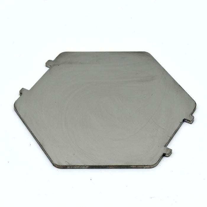 Steak press weight in stainless showing front view hexagon shape