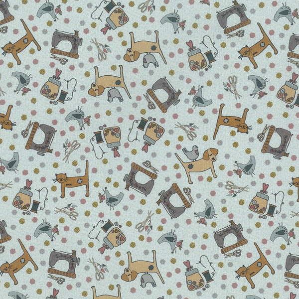 One Stitch at a Time 35072-70 - light blue cotton fabric with small sewing motifs