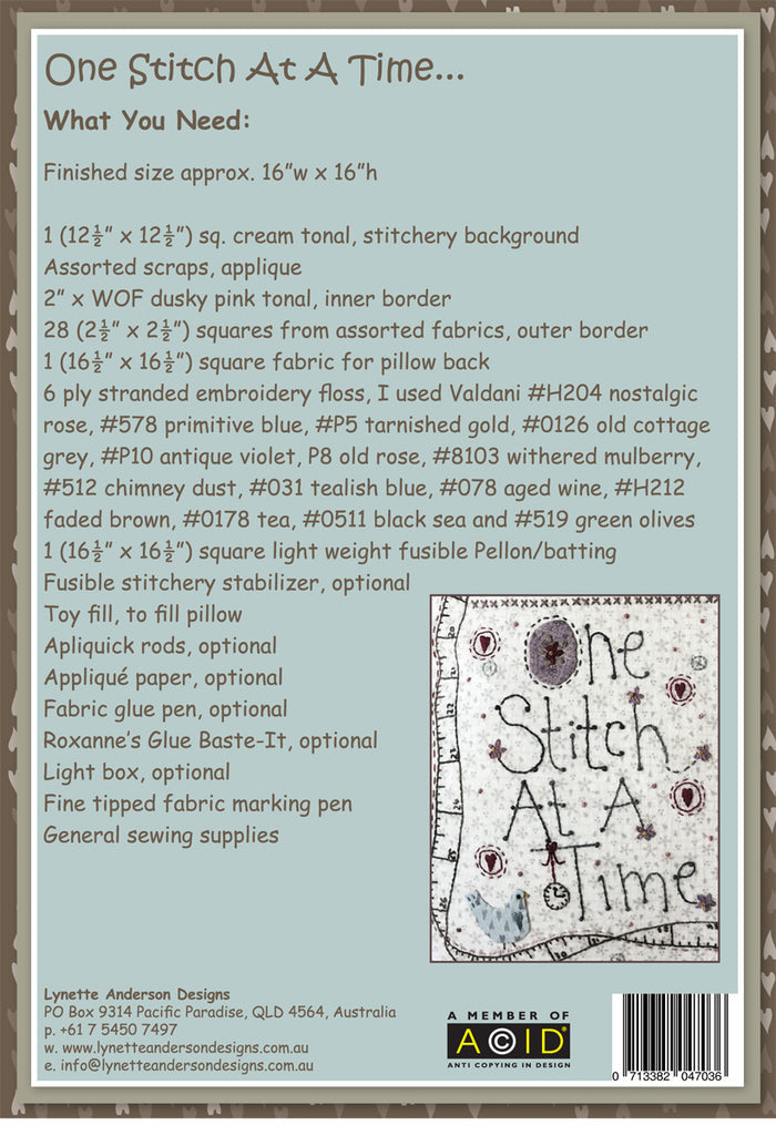 One Stitch at a Time Pillow by Lynette Anderson Pattern Back