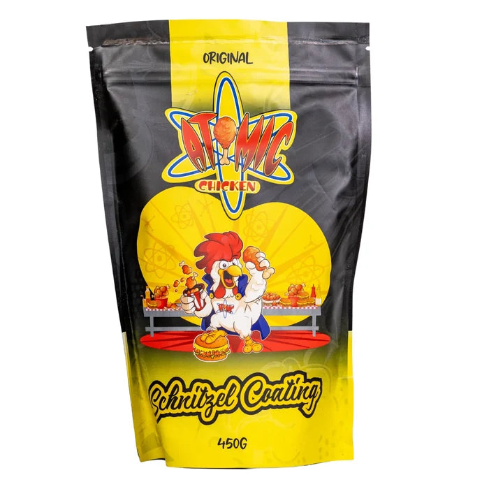 Atomic Chicken Original Schnitzel Coating – front of pack, crispy pub-style schnitzel seasoning