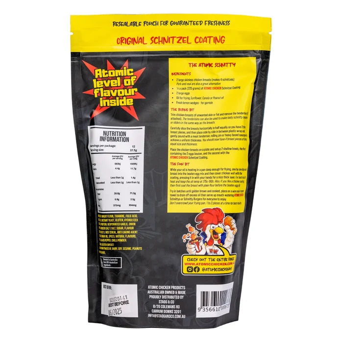 Atomic Chicken Original Schnitzel Coating – back of pack showing ingredients and instructions