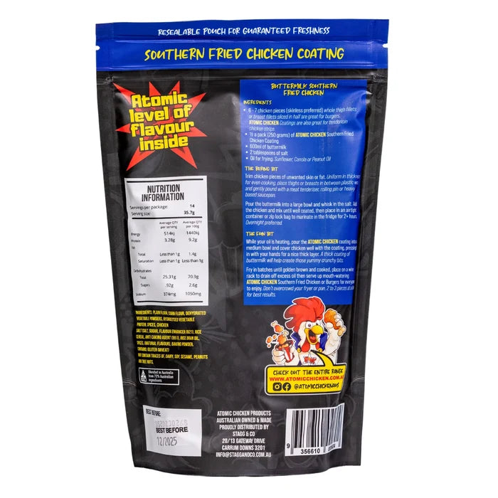 Atomic Chicken Original Southern Fried Chicken Coating – back of pack showing ingredients and instructions