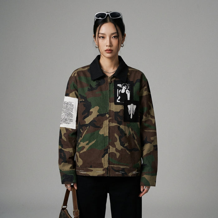 Veste camouflage denim oversize pour femme - Mode Coréenne Streetwear - Taille M