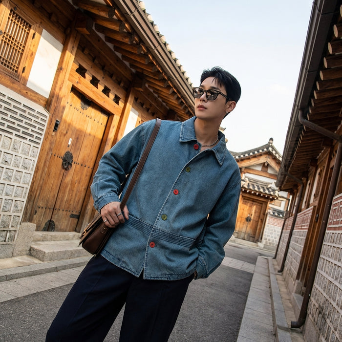 Veste denim oversize homme avec boutons colorés - Koreanxwear