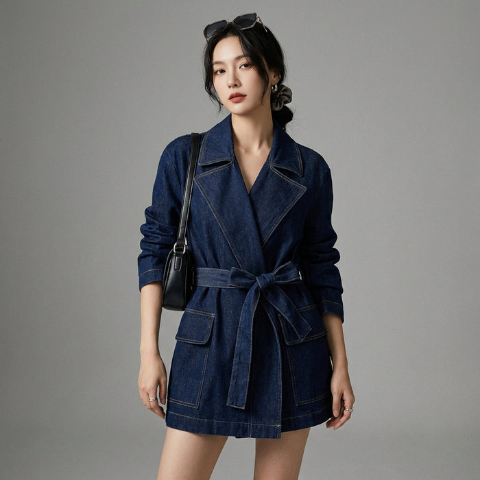 Veste longue en jean oversize avec ceinture - Mode K-fashion féminine - Taille XS