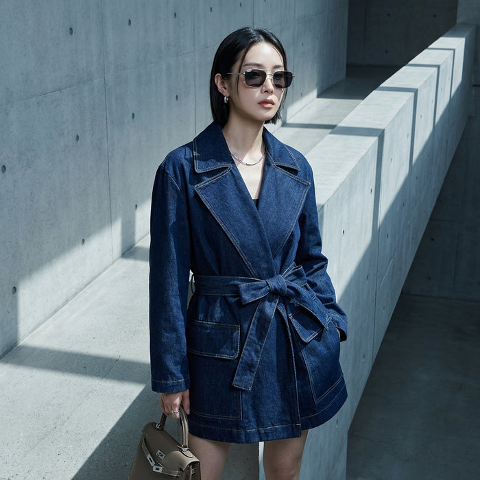 Veste longue en jean oversize avec ceinture - Mode K-fashion féminine