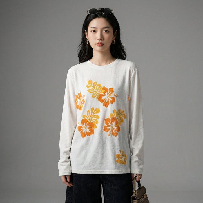 T-shirt oversize blanc en chenille, col rond, manches longues, style streetwear - Taille M