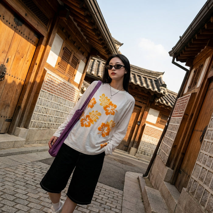 T-shirt oversize blanc en chenille, col rond, manches longues, style streetwear