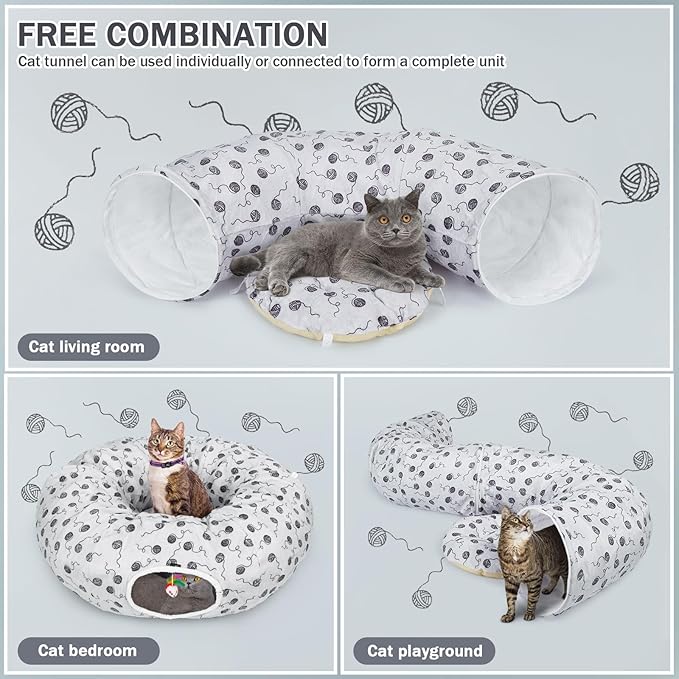 Ownpets Gray Large Cat Tunnel Bed for Indoor Cats with Washable Cushion for Kitten, Puppy, Rabbit