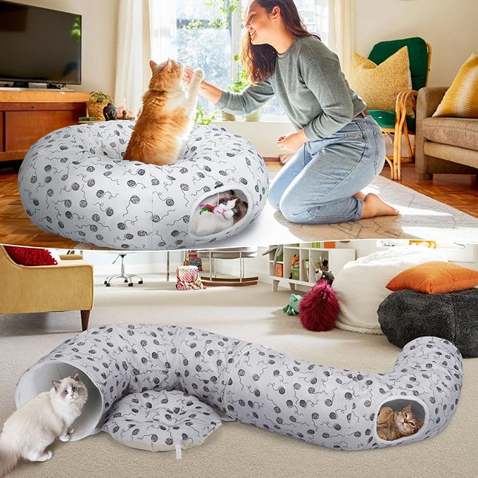Ownpets Gray Large Cat Tunnel Bed for Indoor Cats with Washable Cushion for Kitten, Puppy, Rabbit