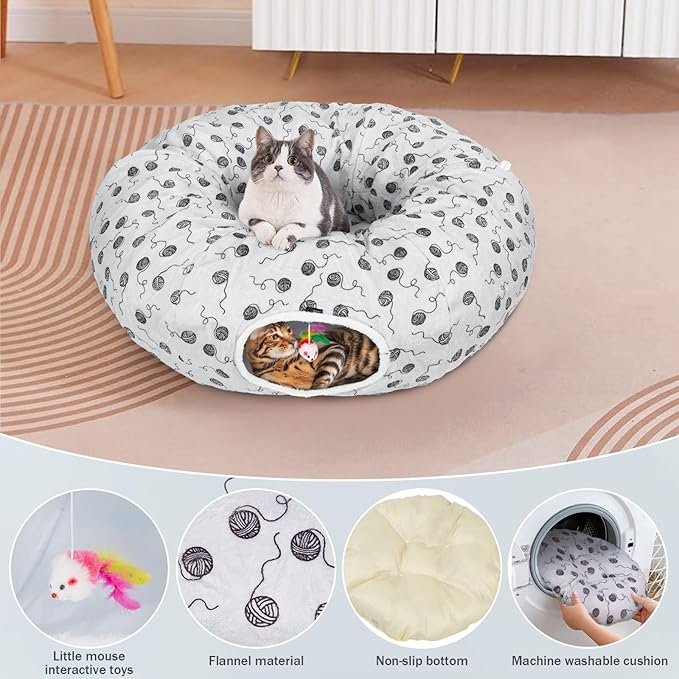 Ownpets Gray Large Cat Tunnel Bed for Indoor Cats with Washable Cushion for Kitten, Puppy, Rabbit