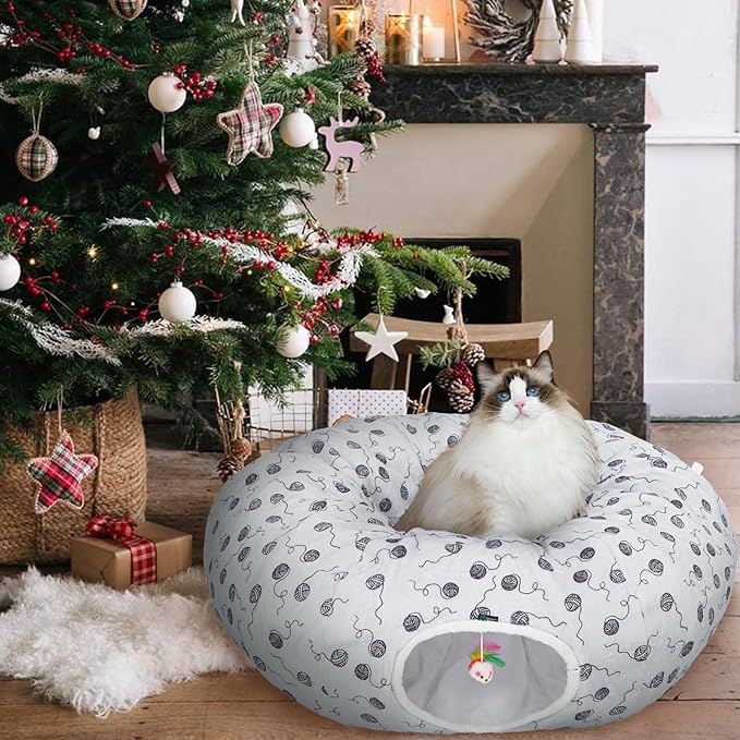 Ownpets Gray Large Cat Tunnel Bed for Indoor Cats with Washable Cushion for Kitten, Puppy, Rabbit