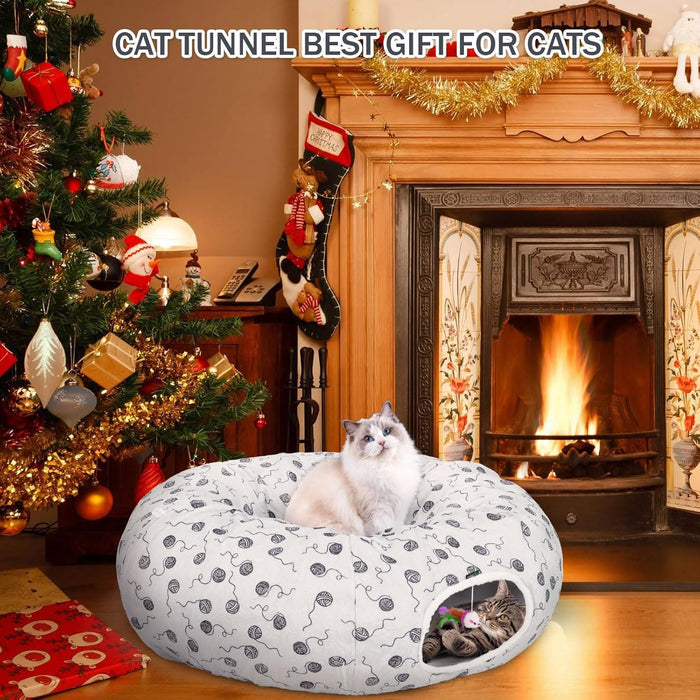 Ownpets Gray Large Cat Tunnel Bed for Indoor Cats with Washable Cushion for Kitten, Puppy, Rabbit
