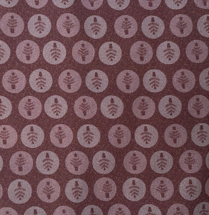 Peace and Joy 80620-14 Potted Trees - burgundy cotton fabric with tone-on-tone tiny trees in circles