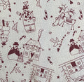 Peace and Joy 80620-3 - Gray cotton fabric with houses, Christmas trees, reindeer, and snowmen in burgundy