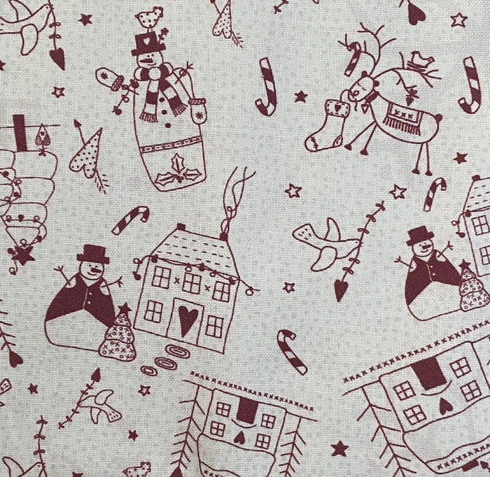 Peace and Joy 80620-3 - Gray cotton fabric with houses, Christmas trees, reindeer, and snowmen in burgundy