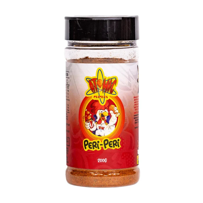 Atomic Chicken Peri Peri rub container with white background showing the front of the label