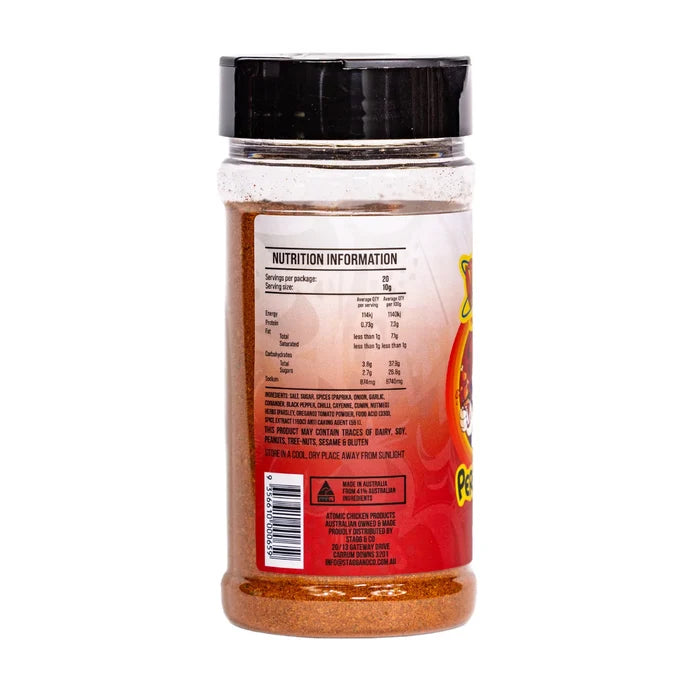 Atomic Chicken Peri Peri rub container with white background showing the ingredients of the label