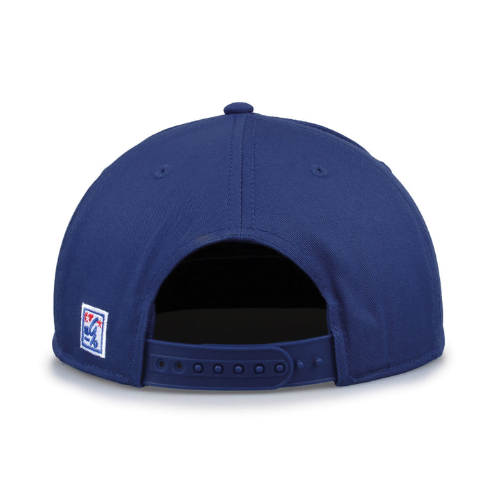 Pittsburgh Retro Bar snapback hat in royal blue, straight rear view showing the adjustable snap closure