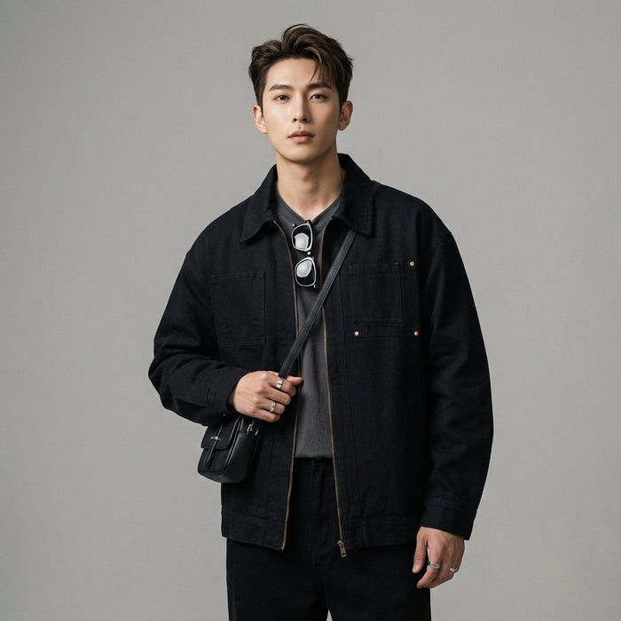 Veste homme décontractée unie couleur kaki, style streetwear K-fashion. Idéale pour l'automne. - Taille M