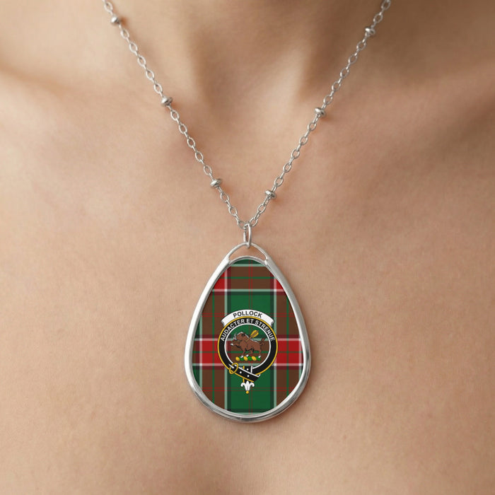 Close-up of Pollock clan tartan pendant necklace with crest design