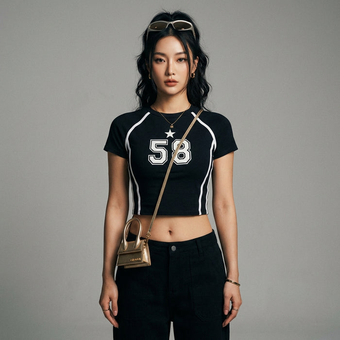 Crop top ajusté femme, col rond imprimé, mode streetwear coréenne - Taille S