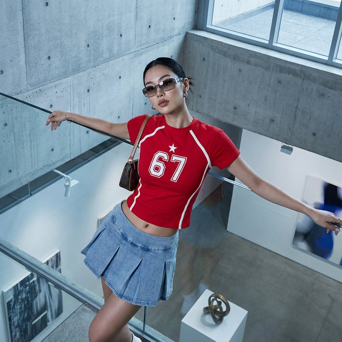 Crop top ajusté femme, col rond imprimé, mode streetwear coréenne