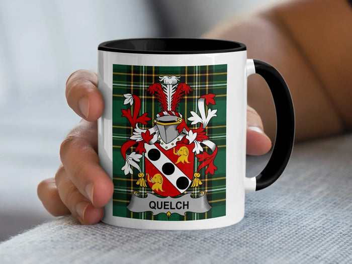 Quelch Irish family crest black accent mug with Irish National Tartan