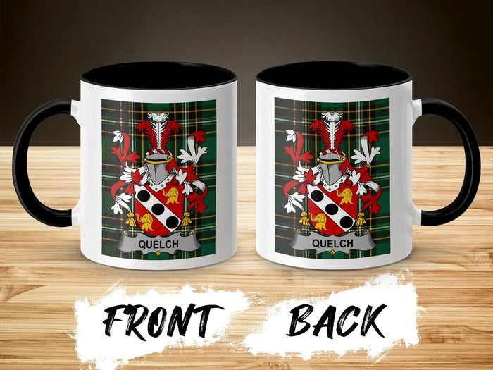 Quelch ceramic mug with black handle and family crest on tartan background
