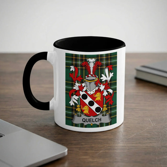 Quelch Irish heritage mug with black interior and surname crest
