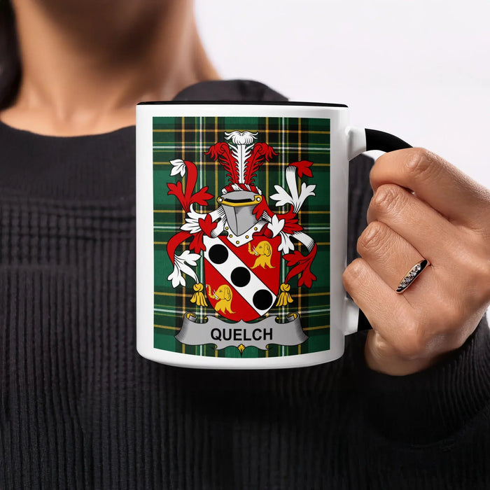 Quelch black accent mug with Irish National Tartan and family crest