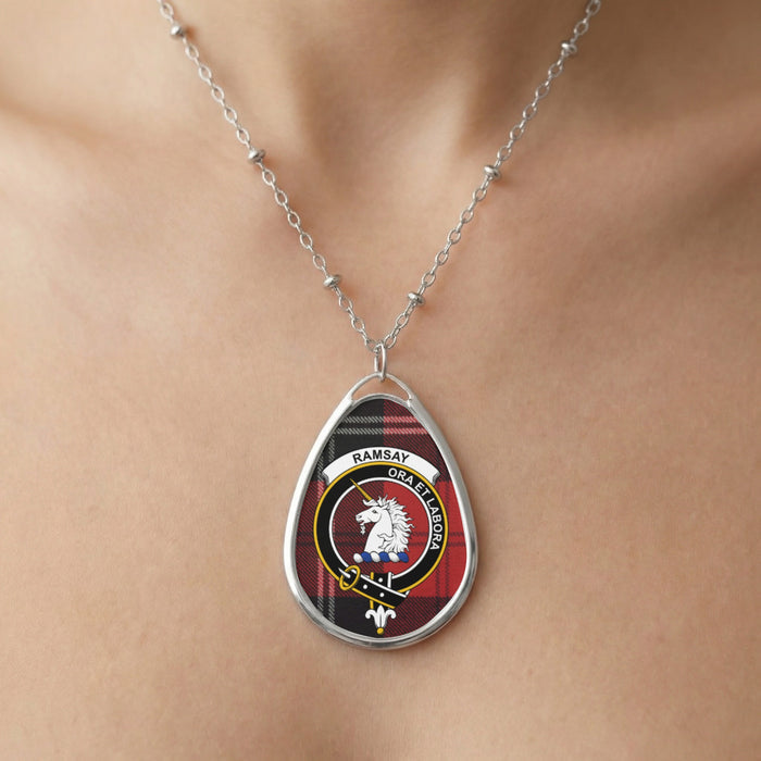 Ramsay Family Crest teardrop necklace worn on a chain