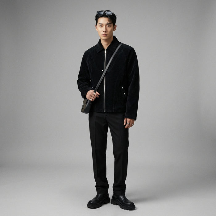 Veste moto suède rétro homme, style streetwear K-fashion, couleur marron ou noire. - Taille M