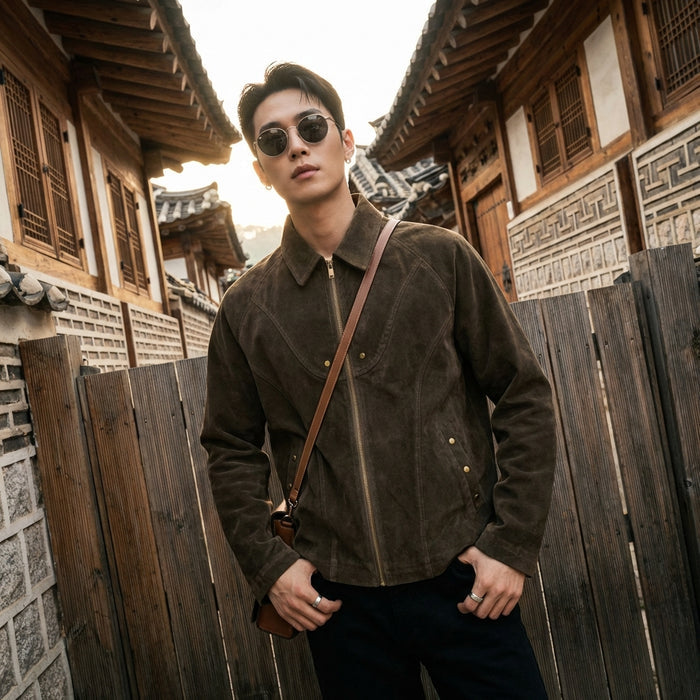 Veste moto suède rétro homme, style streetwear K-fashion, couleur marron ou noire.