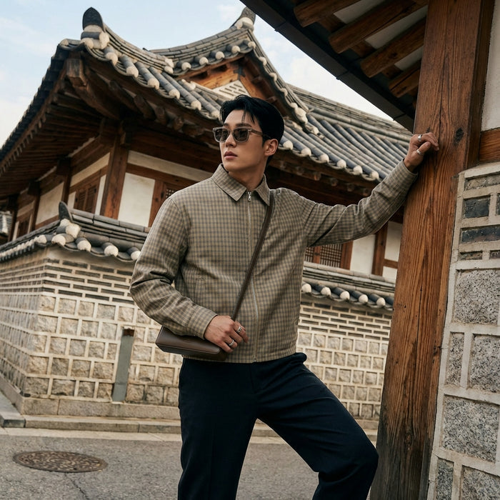 Veste réversible à carreaux style motard - Koreanxwear